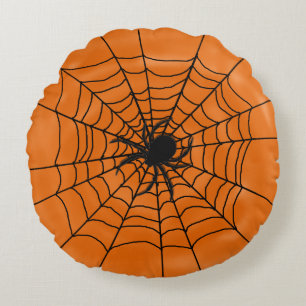 Halloween Spiders Web with Spider on Orange Round Cushion