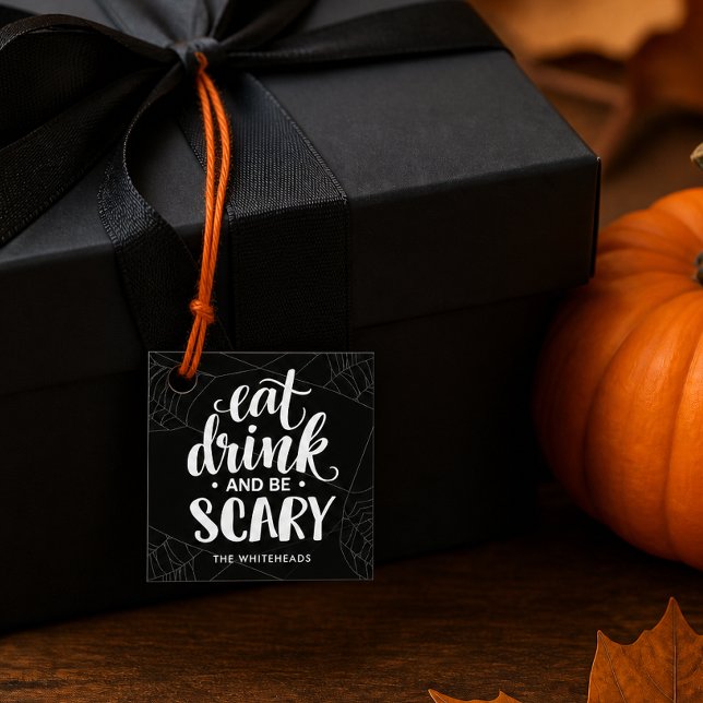 Halloween Spiderweb Favour Tags (Personalized Halloween Family Spiderweb gift tag featuring bold “Eat Drink and Be Scary”.)