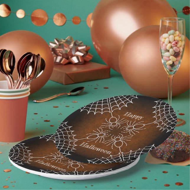 Halloween Spiderweb spiders black orange white  Paper Plate (Multi)