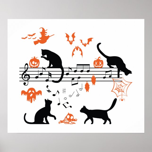Halloween Spooky and Scary Cats Playing Music Note Poster (Front)