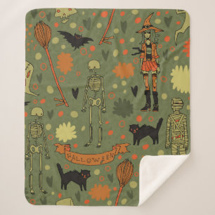 Halloween spooky background. With cats, roses, bat Sherpa Blanket