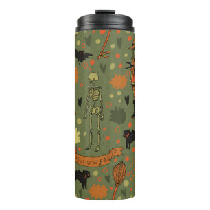Halloween spooky background. With cats, roses, bat Thermal Tumbler