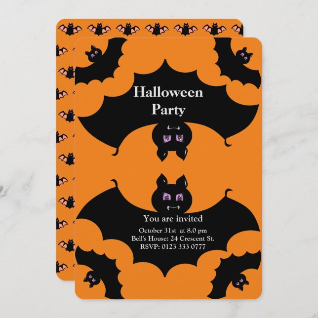 Halloween Spooky Bats on Orange Invitation (Front/Back)