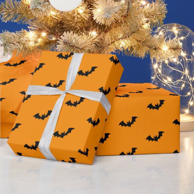 Halloween Spooky Black and orange Bats Pattern     Wrapping Paper (Holidays)