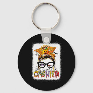 Halloween Spooky Cashier Messy Bun Glasses Spooky Key Ring