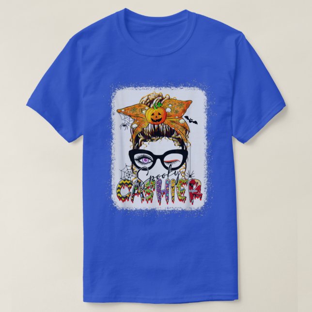 Halloween Spooky Cashier Messy Bun Glasses Spooky  T-Shirt (Design Front)
