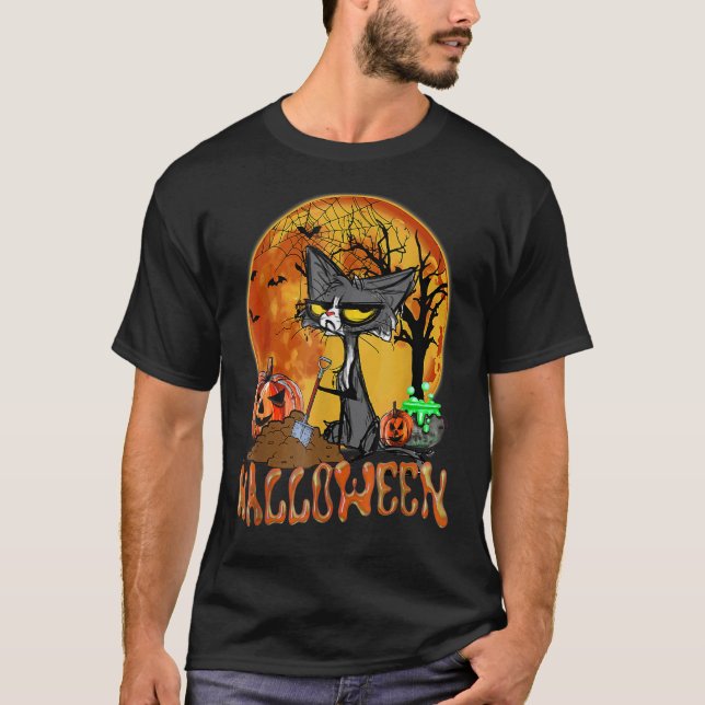 Halloween Spooky Cat Red Moon Cobweb T-Shirt (Front)