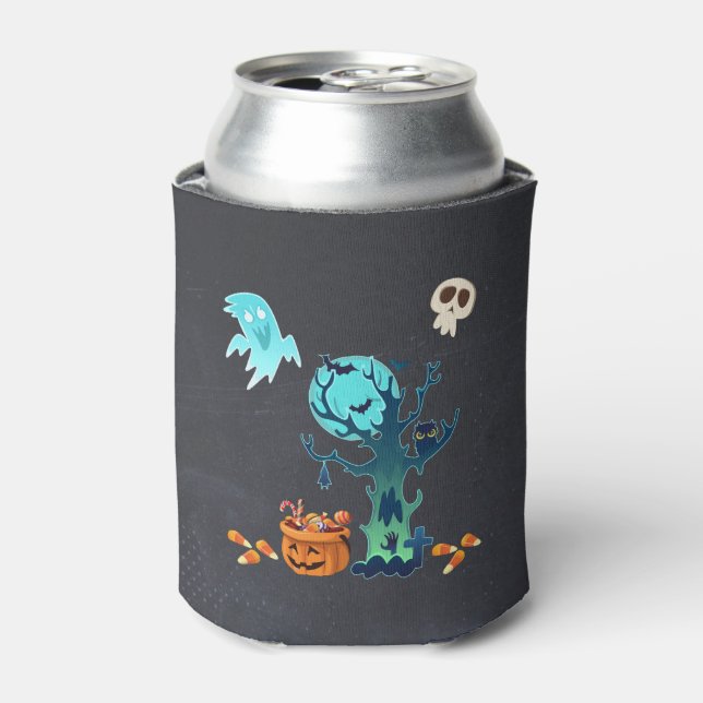 Halloween Spooky Creepy Ghosts Bats Skulls & Candy Can Cooler (Can Front)