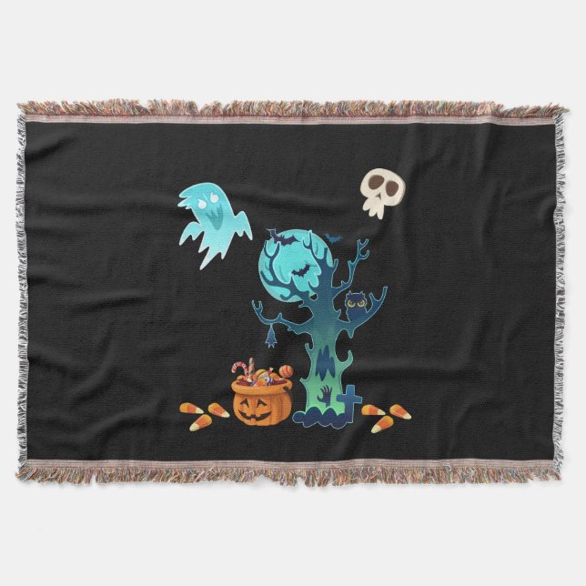 Halloween Spooky Creepy Ghosts Bats Skulls & Candy Throw Blanket (Front)