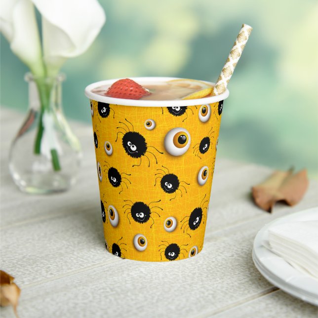 Halloween Spooky Eyeballs And Creepy Spider Yellow Paper Cups (Insitu)