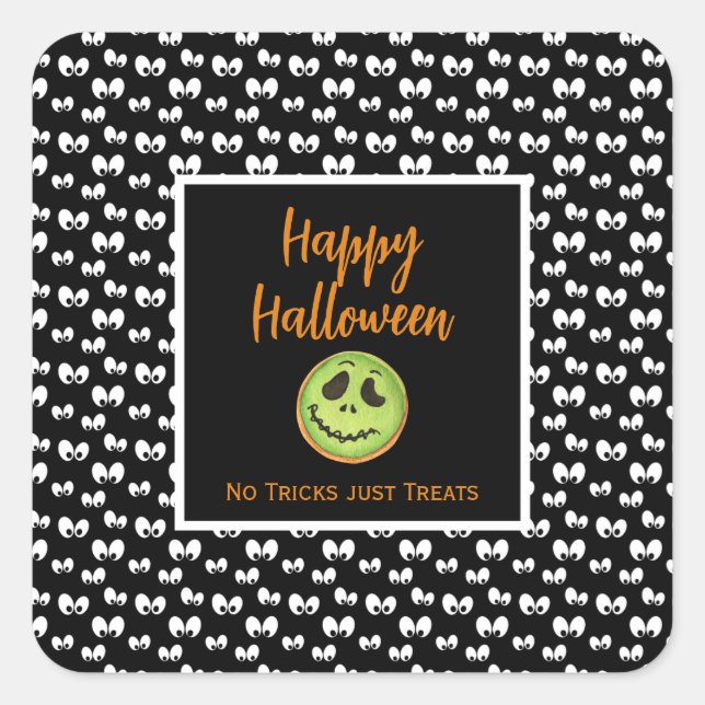 Halloween spooky eyes green cookie no tricks square sticker (Front)