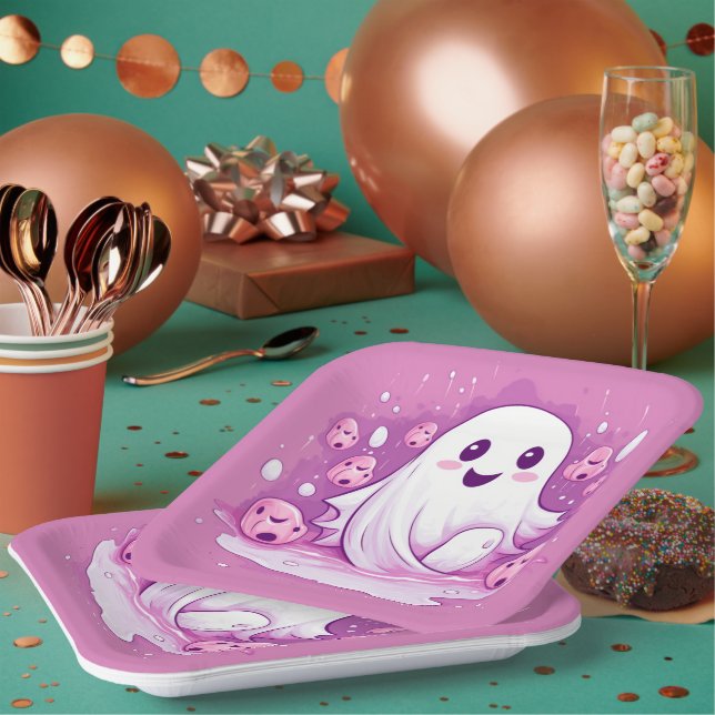 Halloween Spooky Ghost Cute Pink  Paper Plate (Multi)