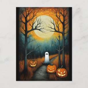 Halloween Spooky Ghost & Full Moon Creepy Pumpkin Postcard