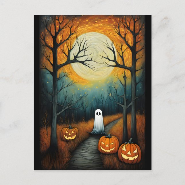 Halloween Spooky Ghost & Full Moon Creepy Pumpkin Postcard (Front)