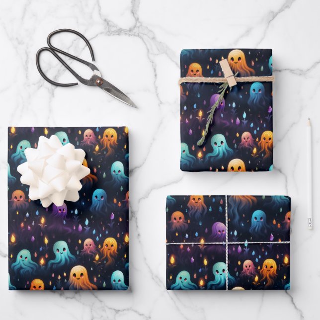 Halloween Spooky Ghost Seamless Pattern Wrapping Paper Sheet (Front)