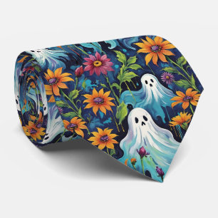 Halloween Spooky Ghosts and Flowers Tie