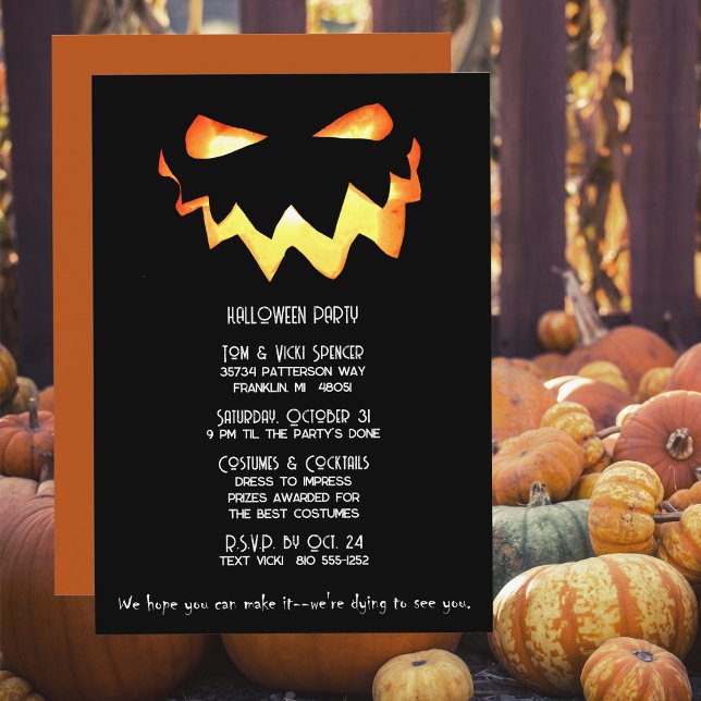 Halloween Spooky Glowing Pumpkin Face Invitation (Invite your guests to your costume party with this spooky glowing pumpkin face invitation.)