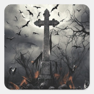 Halloween Spooky Graveyard Cemetery Gothic Square Sticker