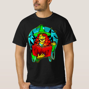 Halloween Spooky Green Witch Magic Book Bats Hat T-Shirt