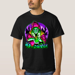 Halloween Spooky Green Witch Magic Book Bats Hat T-Shirt