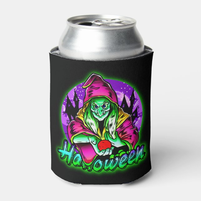 Halloween Spooky Green Witch Magic Hat Apple   Can Cooler (Can Front)