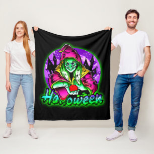 Halloween Spooky Green Witch Magic Hat Apple Fleece Blanket