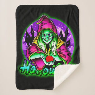 Halloween Spooky Green Witch Magic Hat Apple   Sherpa Blanket