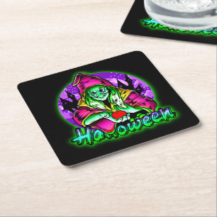 Halloween Spooky Green Witch Magic Hat Apple Square Paper Coaster