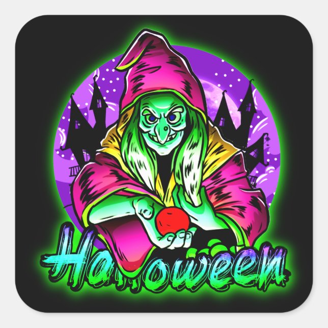 Halloween Spooky Green Witch Magic Hat Apple   Square Sticker (Front)