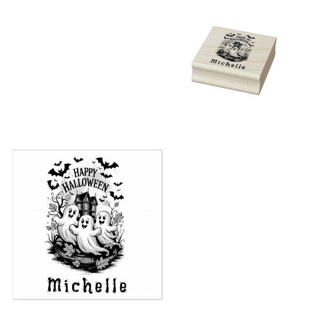 Halloween Spooky Haunted House Ghost and Bats Rubber Stamp (Stamped)