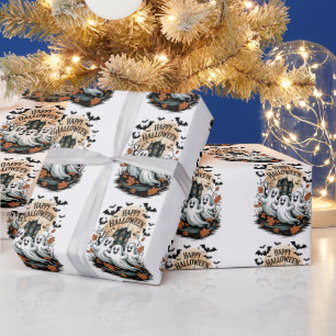 Halloween Spooky Haunted House Ghost and Bats      Wrapping Paper