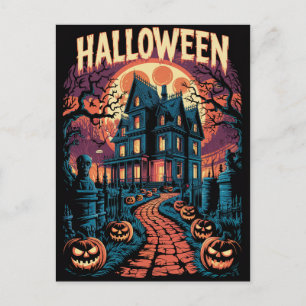 Halloween Spooky Haunted House Pumpkins          Postcard