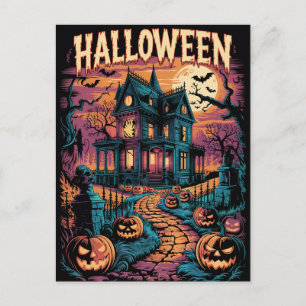 Halloween Spooky Haunted House Pumpkins Postcard
