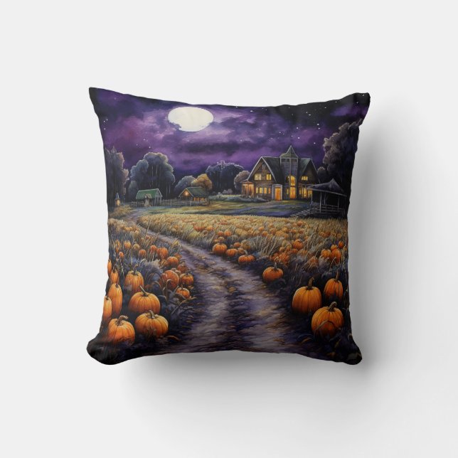 Halloween Spooky Haunted Town Night   Cushion (Front)