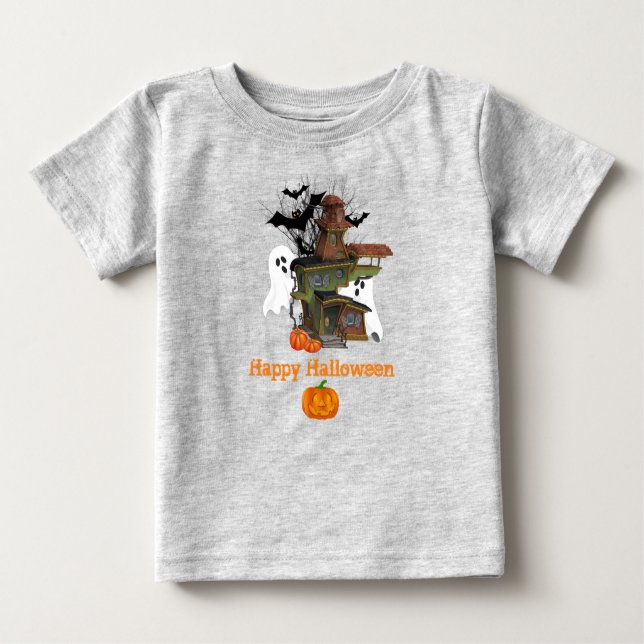 Halloween Spooky House Ghost and Pumpkins Baby  T-Shirt (Front)