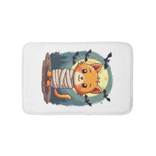 Halloween Spooky Mummy Cat and Pumpkin Halloween Bath Mat