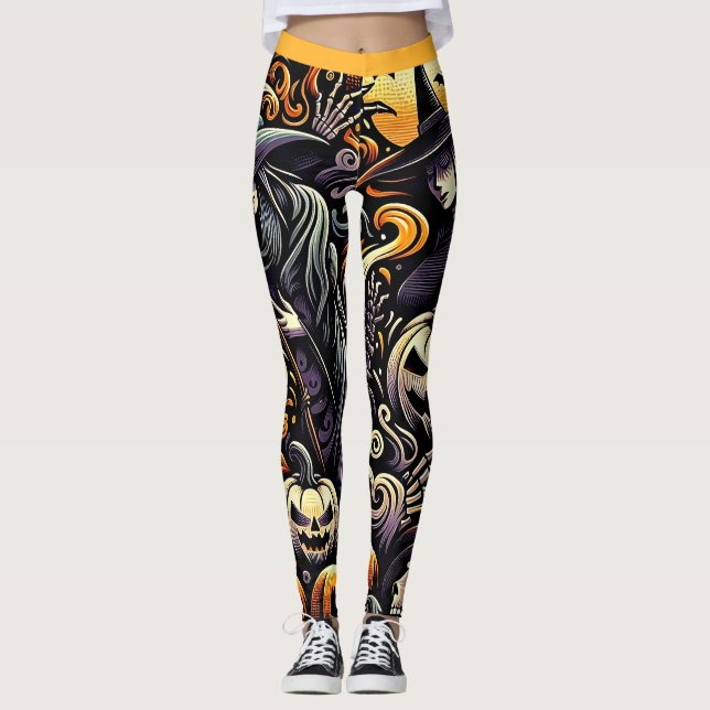 Halloween: Spooky Night of Witches and Pumpkins Leggings (Front)