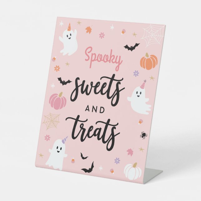 Halloween Spooky Pink Ghost Spooky Sweets & Treats Pedestal Sign (Front)