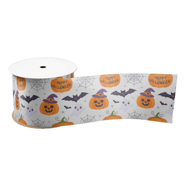Halloween Spooky Pumpkin Bats Ghost Pattern Satin Ribbon (Spool)