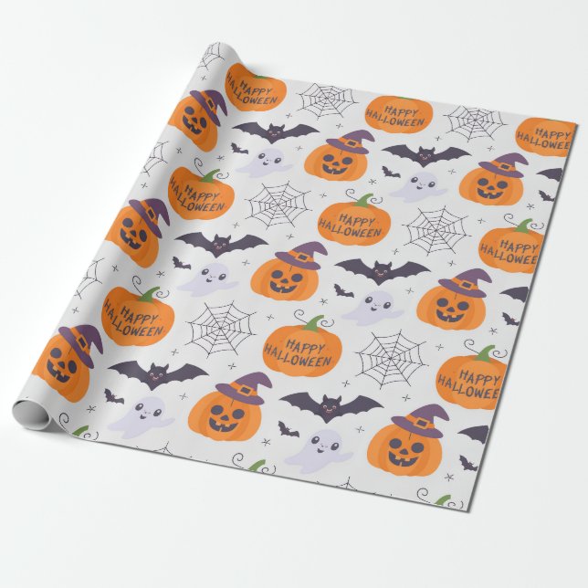 Halloween Spooky Pumpkin Bats Ghost Pattern        Wrapping Paper (Unrolled)
