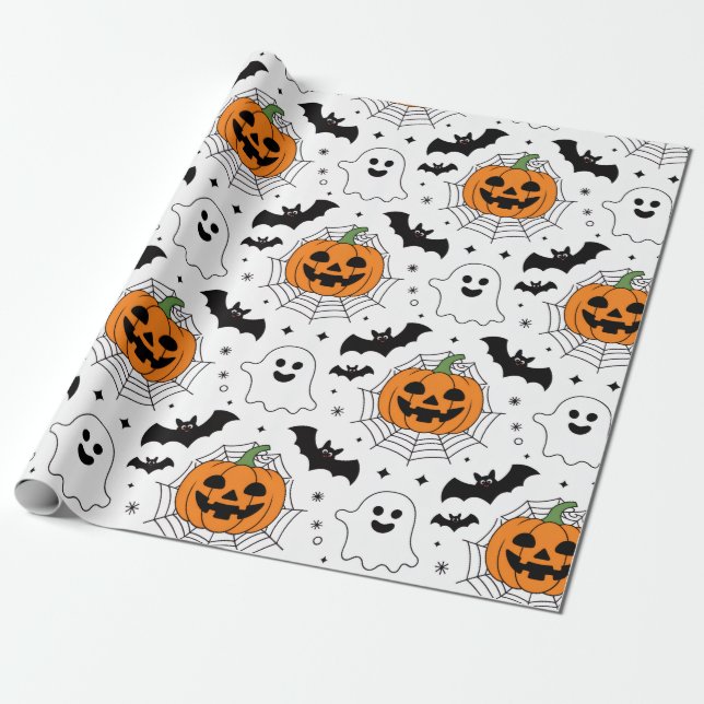 Halloween Spooky Pumpkin Bats Ghost Pattern        Wrapping Paper (Unrolled)