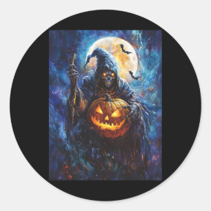 Halloween Spooky Pumpkin Design Scary Grim Reaper Classic Round Sticker