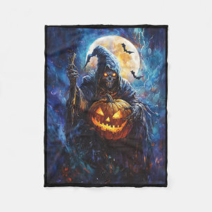 Halloween Spooky Pumpkin Design Scary Grim Reaper Fleece Blanket