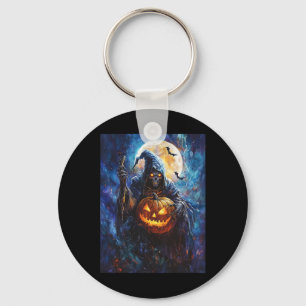 Halloween Spooky Pumpkin Design Scary Grim Reaper Key Ring