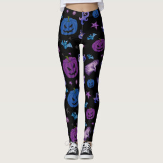Halloween Spooky Pumpkin Pattern Black background Leggings