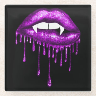 HALLOWEEN SPOOKY PURPLE DRIPPING VAMPIRE LIPS GLASS COASTER