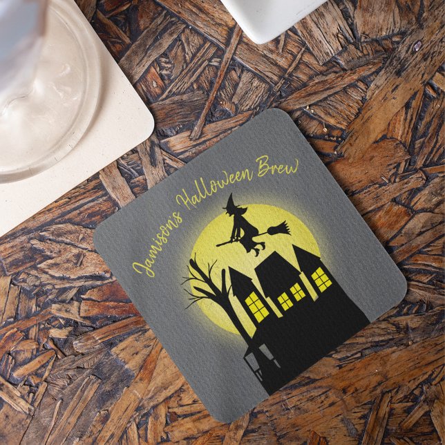Halloween Spooky Scary Moonlight Flying Witch Coaster (Spooky flying witch silhouette under moonlight sky, perfect for Halloween party drink decor.)