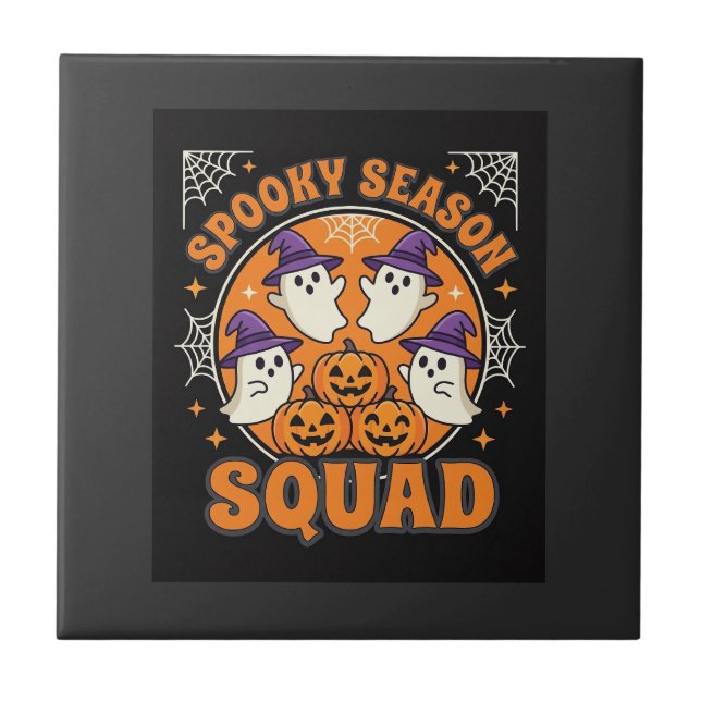 Halloween Spooky Season Squad Ghost Pumpkin Design Ceramic Tile (Front)