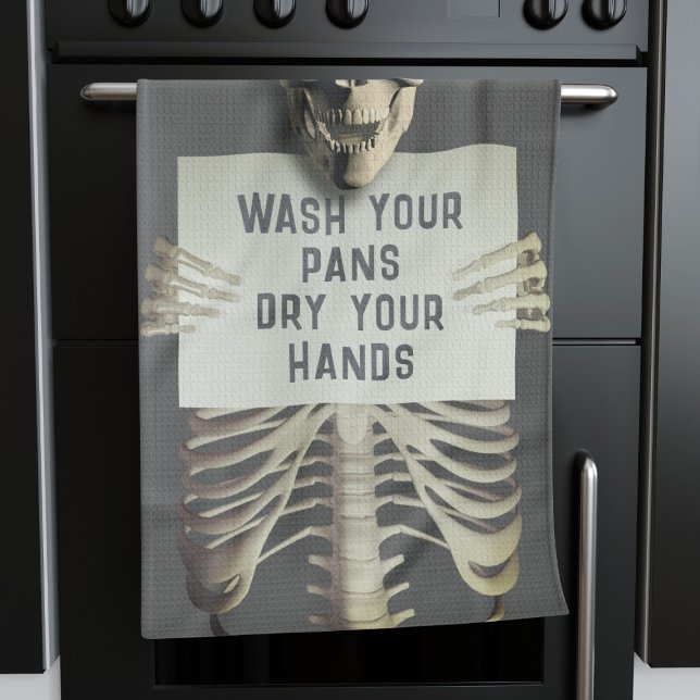 Halloween Spooky Skeleton Funny Wash Your Pans Tea Towel (Perfect kitchen towel for your Halloween Kitchen! )