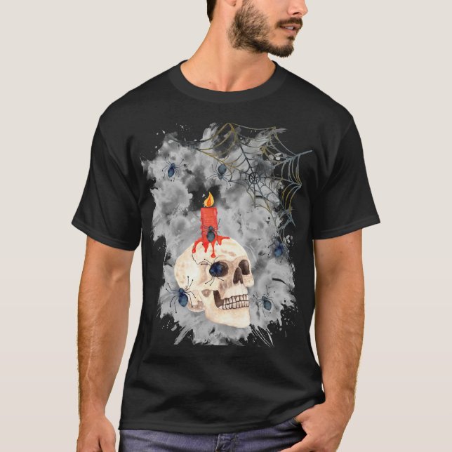Halloween Spooky Skull, Candle, Spiders & Webs T-Shirt (Front)